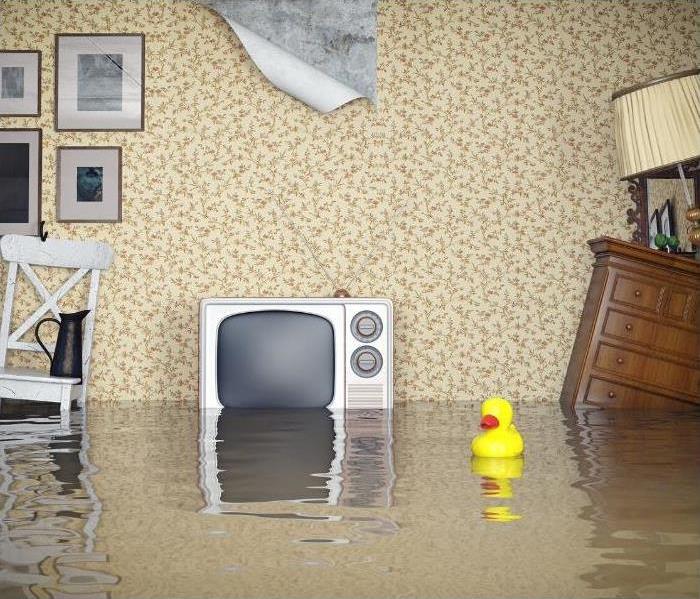 flooded living room with older televions, rubber ducky, yellow patterned wall paper, and other furniture pieces floating.