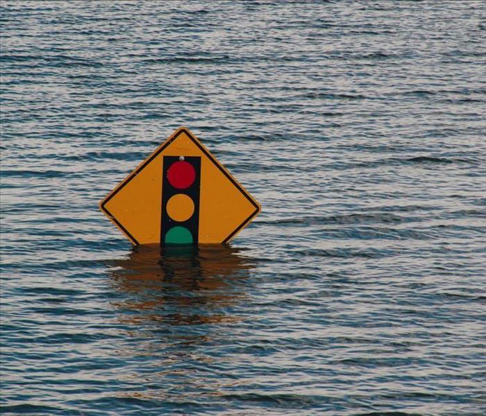 A stoplight sign is submerged in water.